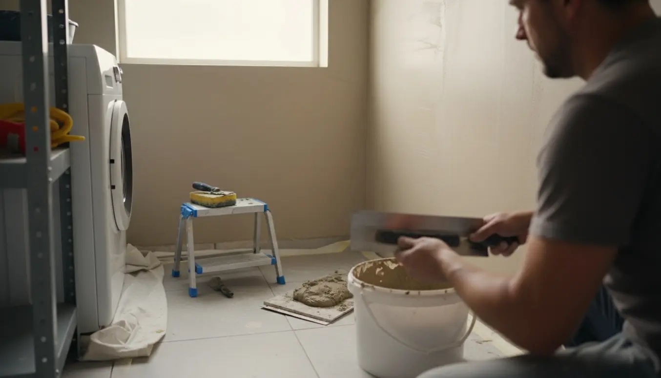 Håndværker glatter vandskuring på væggen i et lille bryggers med spand, murske og afdækning på gulvet.