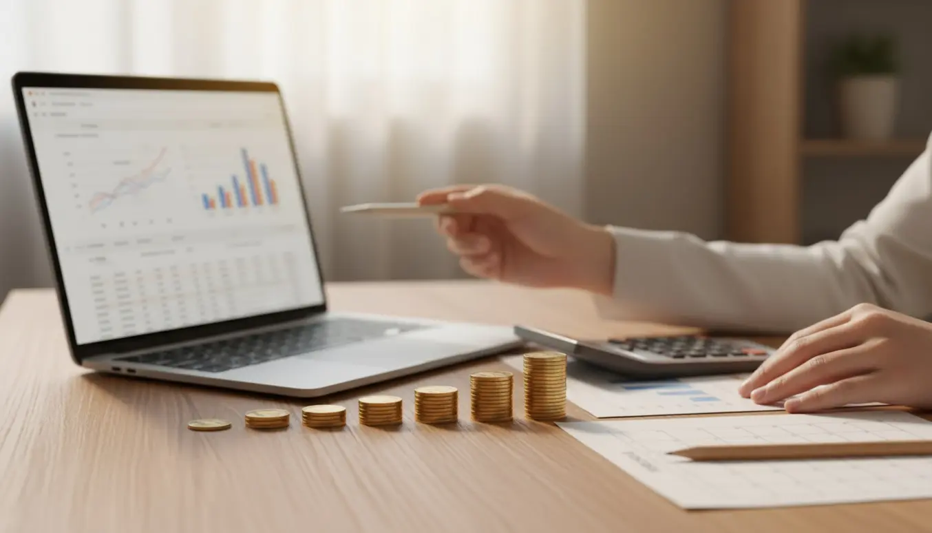 Bærbar med sløret regneark og diagram, møntstakke i stigende rækkefølge og hænder, der peger på en betalingstidslinje.