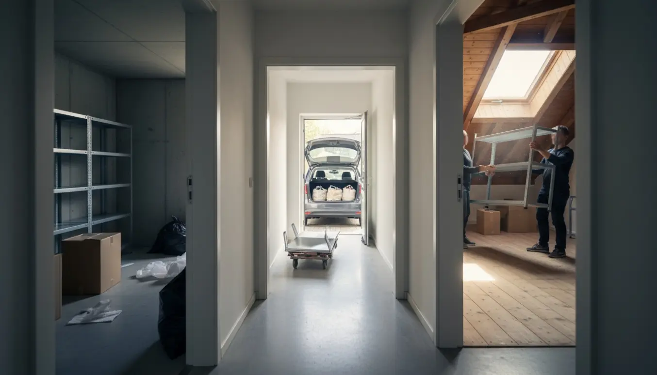 Oprydning af et lille kælderrum og et øverste loftsrum med metalreol på transportvogn og fyldte sække klar til afhentning.