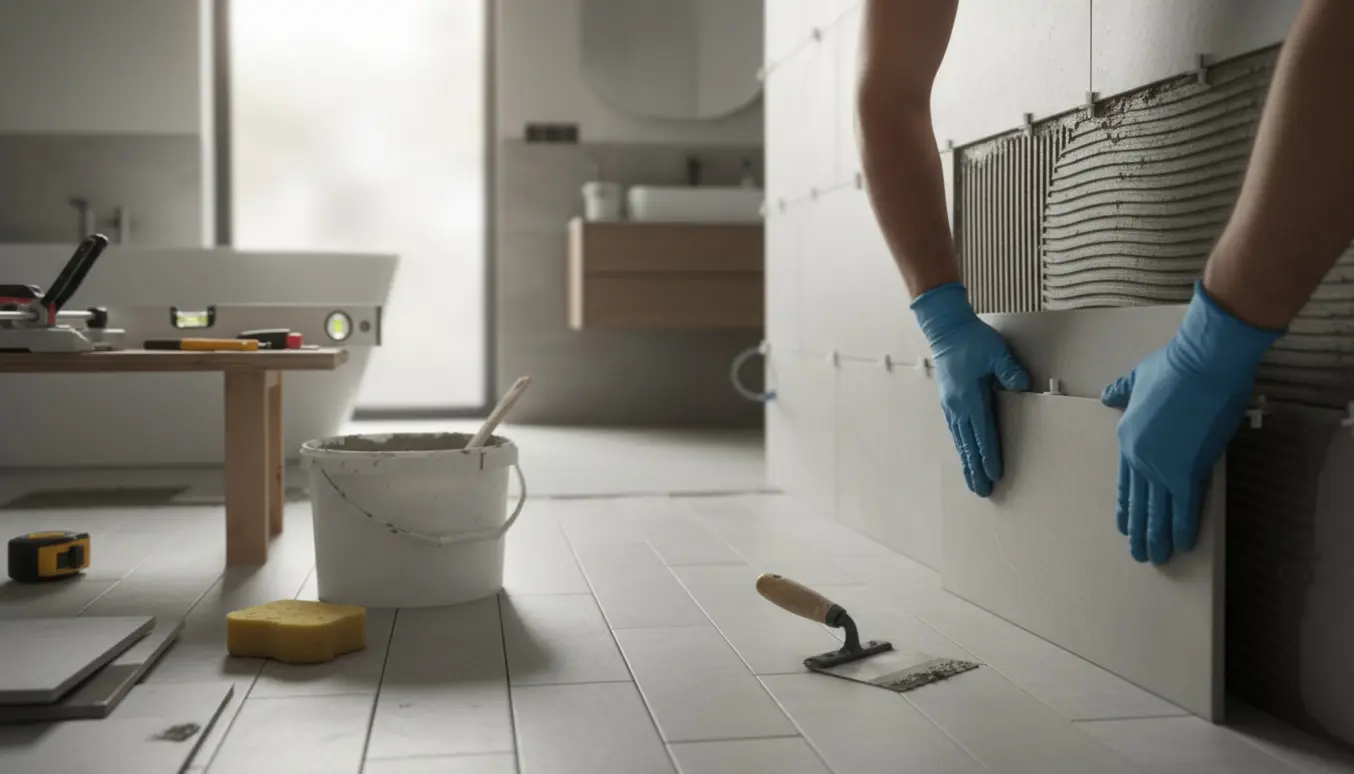 Nærbillede af hænder, der lægger lysegrå fliser i et moderne badeværelse med flisekryds og værktøj.
