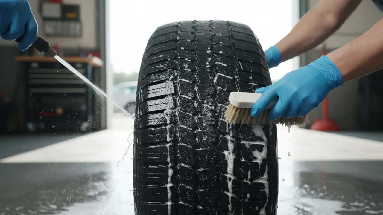 Person rengør dæk med stiv børste og rensemiddel, skum og vand, nærbillede
