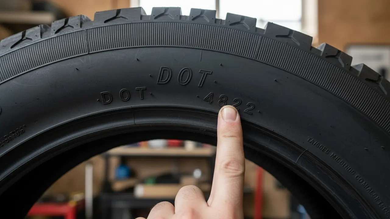 Nærbillede af dæksidevæg med DOT-kode, finger peger på ugenummer og år