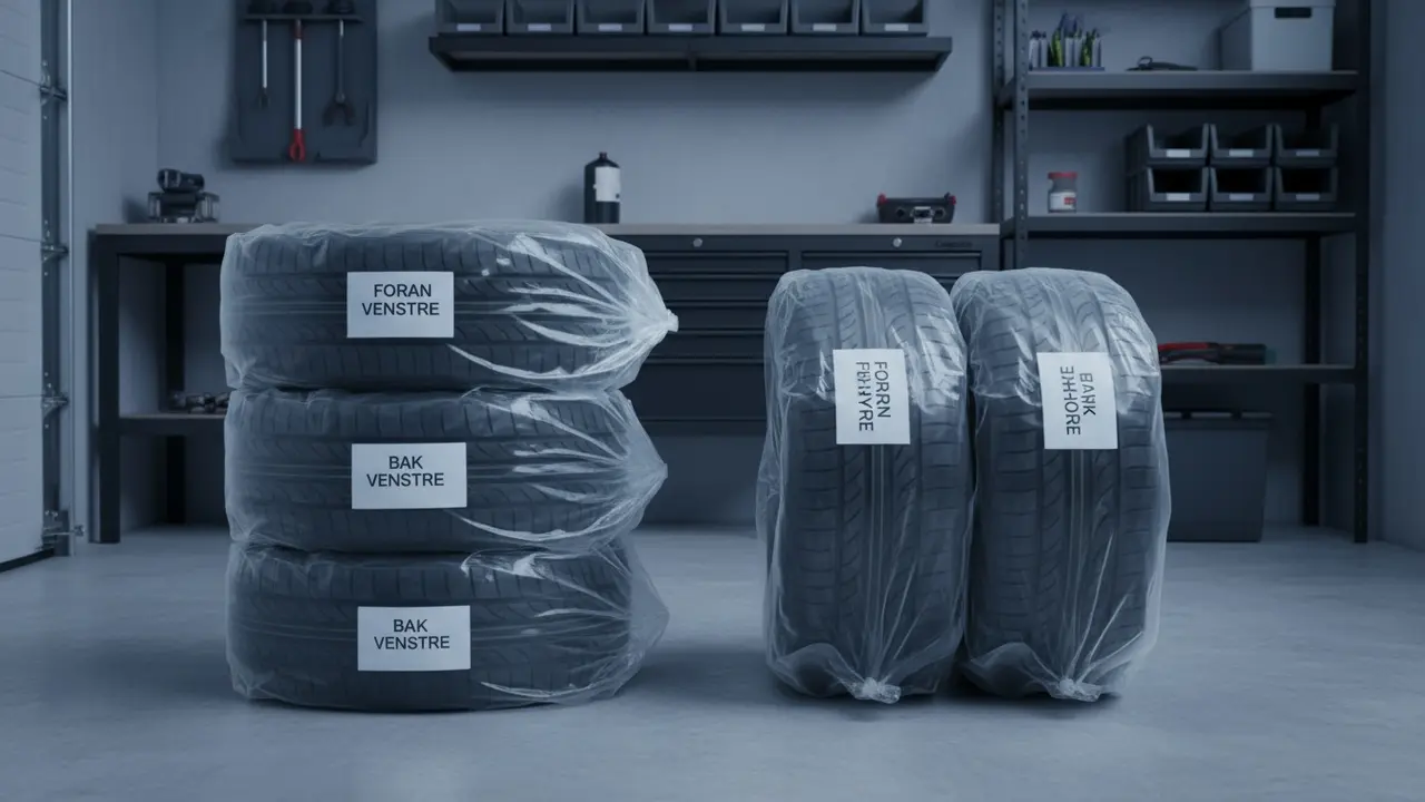 Dæk opbevaret i tætsluttende plastposer, mærket med position, i mørkt, rent rum