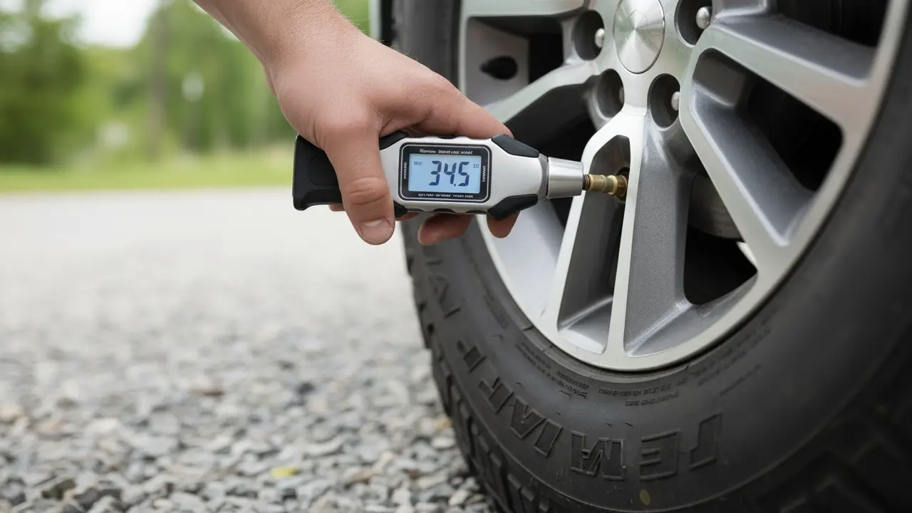Person bruger dæktryksmåler på ventil for at kontrollere dæktryk, nærbillede