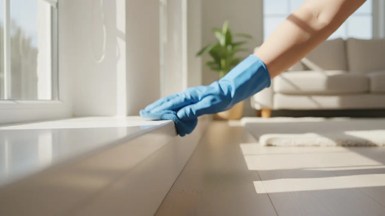 Person tørrer hvide fodlister i en lys stue med mikrofiberklud