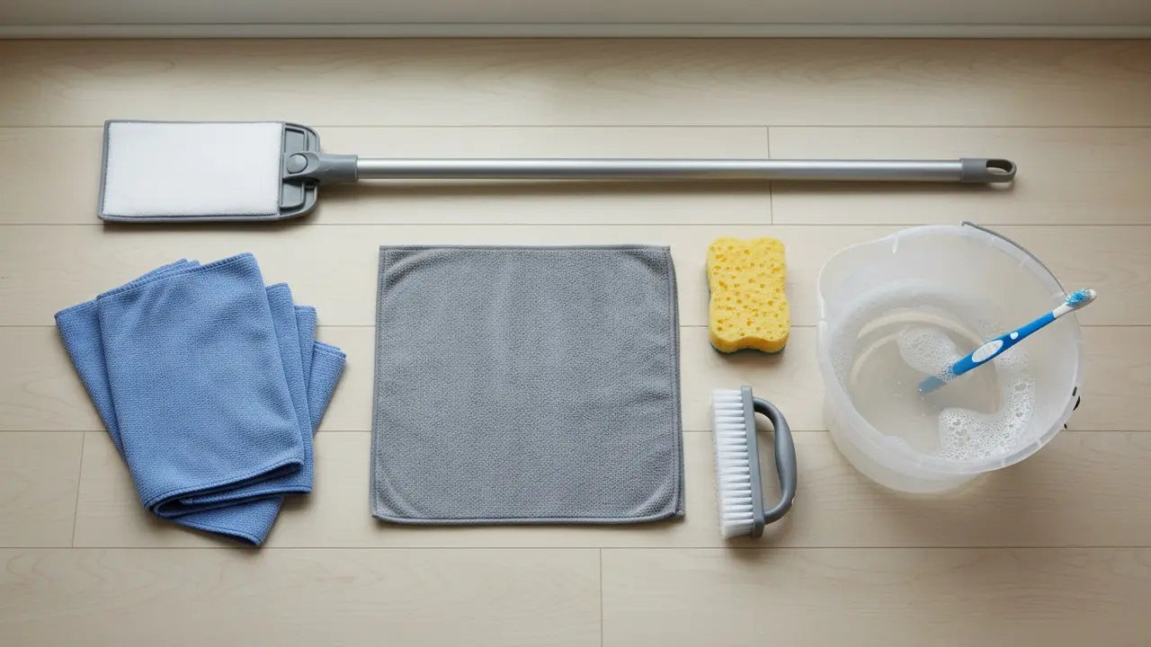 Rengøringsredskaber til lister: moppe, klude, spand, børste og tandbørste