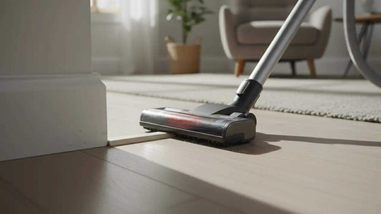 Støvsuger med blødt mundstykke renser langs en fodliste