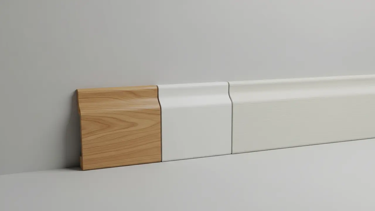 Tre typer lister: træ med struktur, plastik og malet overflade