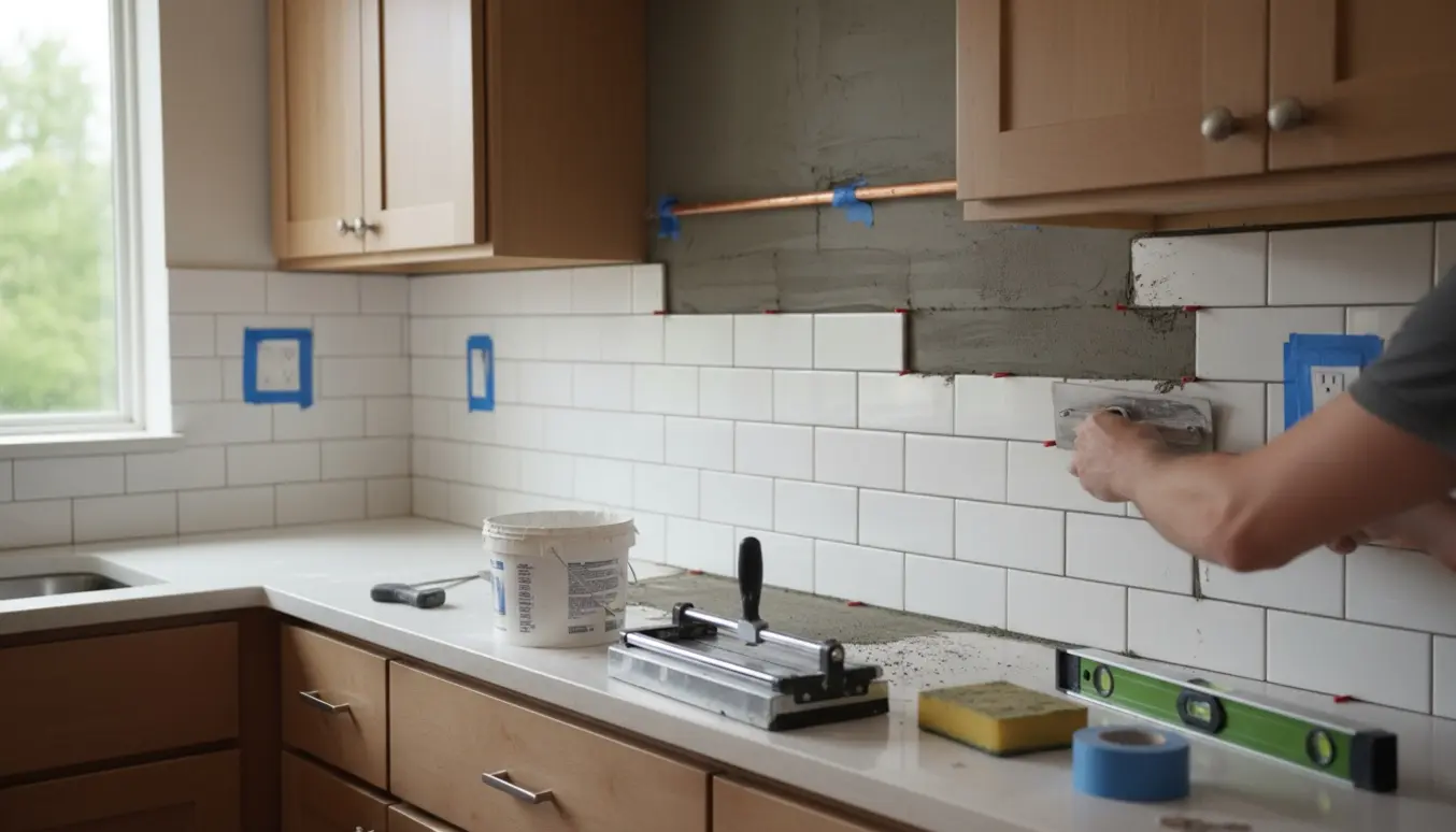 Hænder monterer køkkenvægfliser ved tre vægstykker med værktøj, stikkontakter og gasrør synlige.