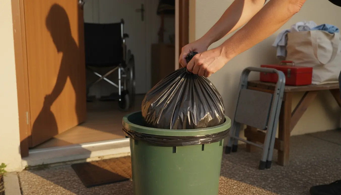 Hænder lægger en affaldssæk i en skraldebeholder ved døren, med en kørestol i baggrunden.
