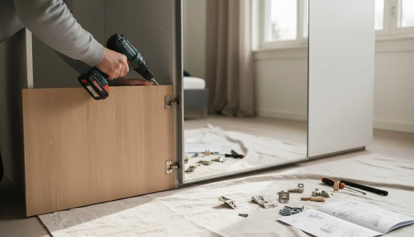 Delvist samlet hvid/sonoma garderobe med spejldør og værktøj til montering.