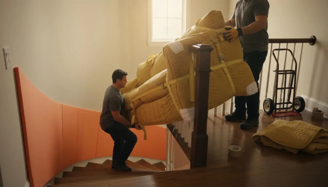 To flyttemænd tager en polstret sofa op ad en trappe til anden sal med tæpper og hjørnebeskyttere for at undgå skrammer.