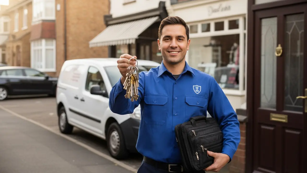 Låsesmed foran bolig med nøgler og værktøj, ubrandet servicevogn i baggrunden