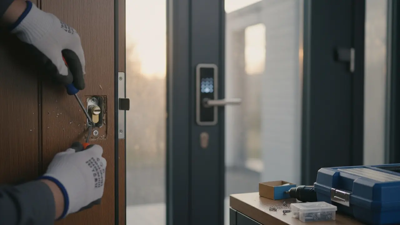 Låsesmed monterer cylinderlås på hoveddør; elektronisk lås synlig i baggrunden