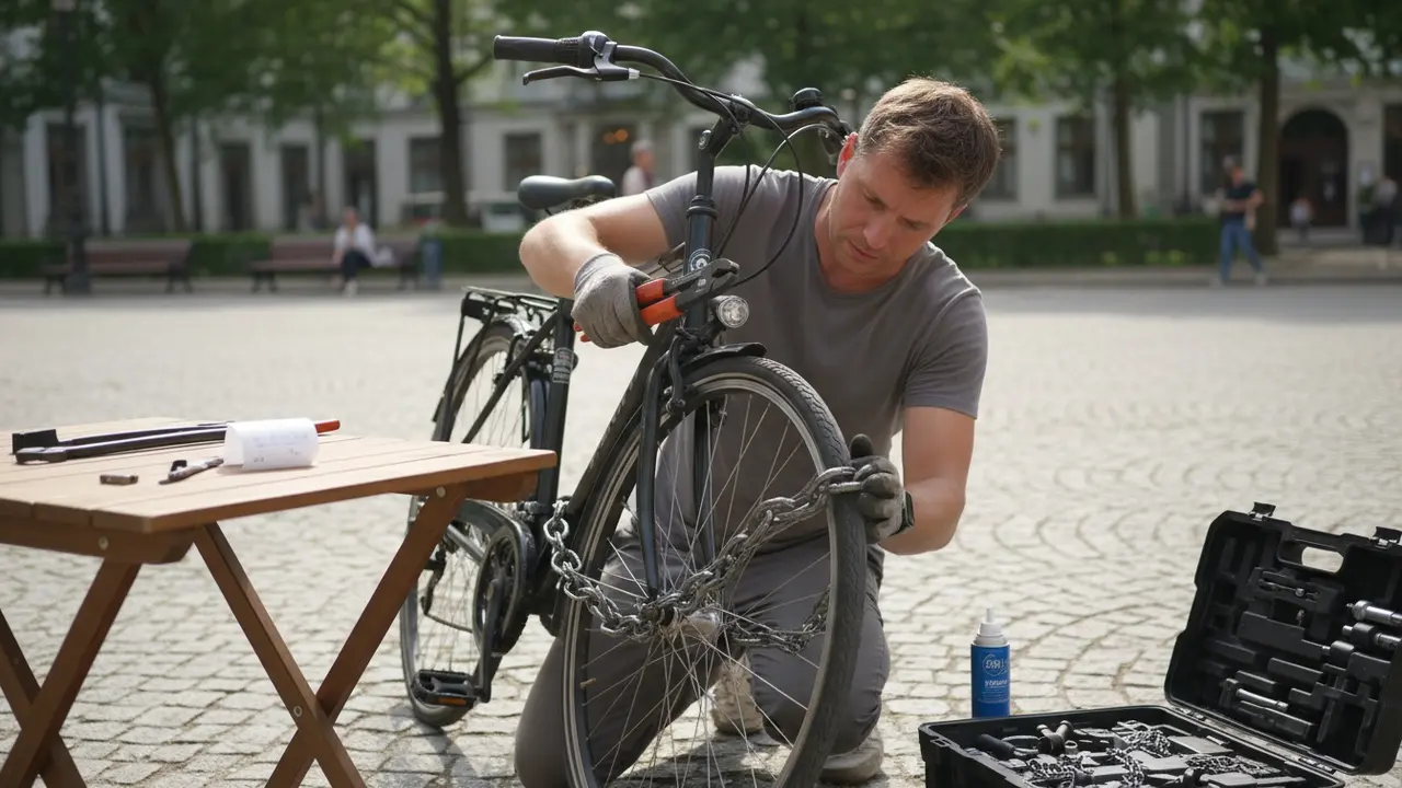 Låsesmed åbner cykellås med værktøj, kvittering og registreringspapir ligger ved siden af