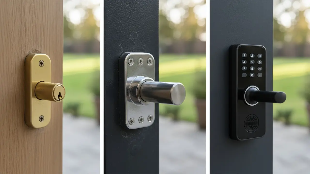 Tre låsetyper side om side: standard cylinder, forstærket sikkerhedslås og elektronisk smartlåse