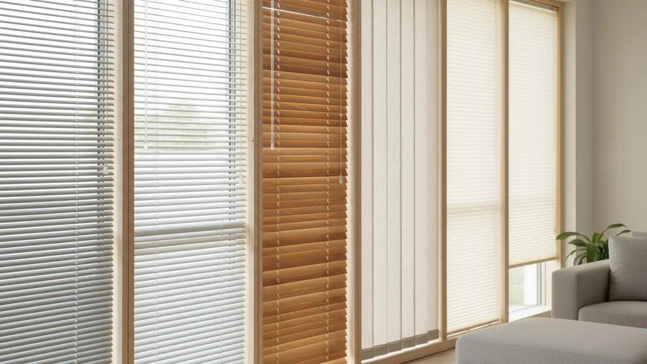 Forskellige typer persienner og lamelgardiner vist side om side i et lyst rum