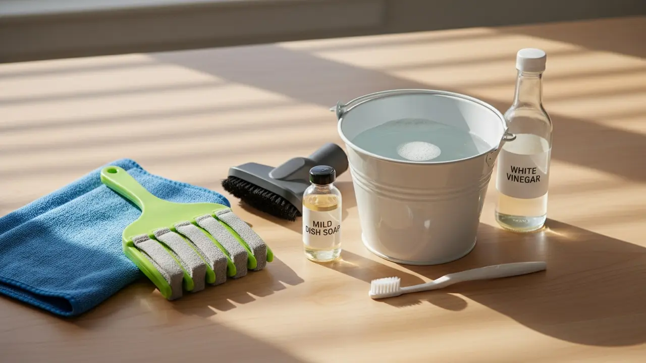 Rengøringsmaterialer til persienner på et bord: mikrofiber, persiennerenser, støvsuger, spand og sæbe