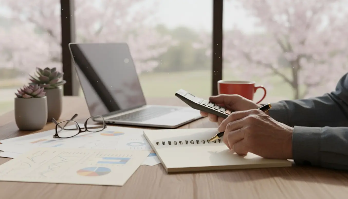 Ældre hænder beregner pension ved et solbeskinnet skrivebord med regnemaskine, papirer og en kop kaffe.