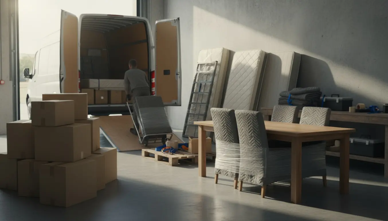 Et lager med en åben flyttebil, stabler af kartoner, et spisebord med stole og en indpakket seng klar til flytning.