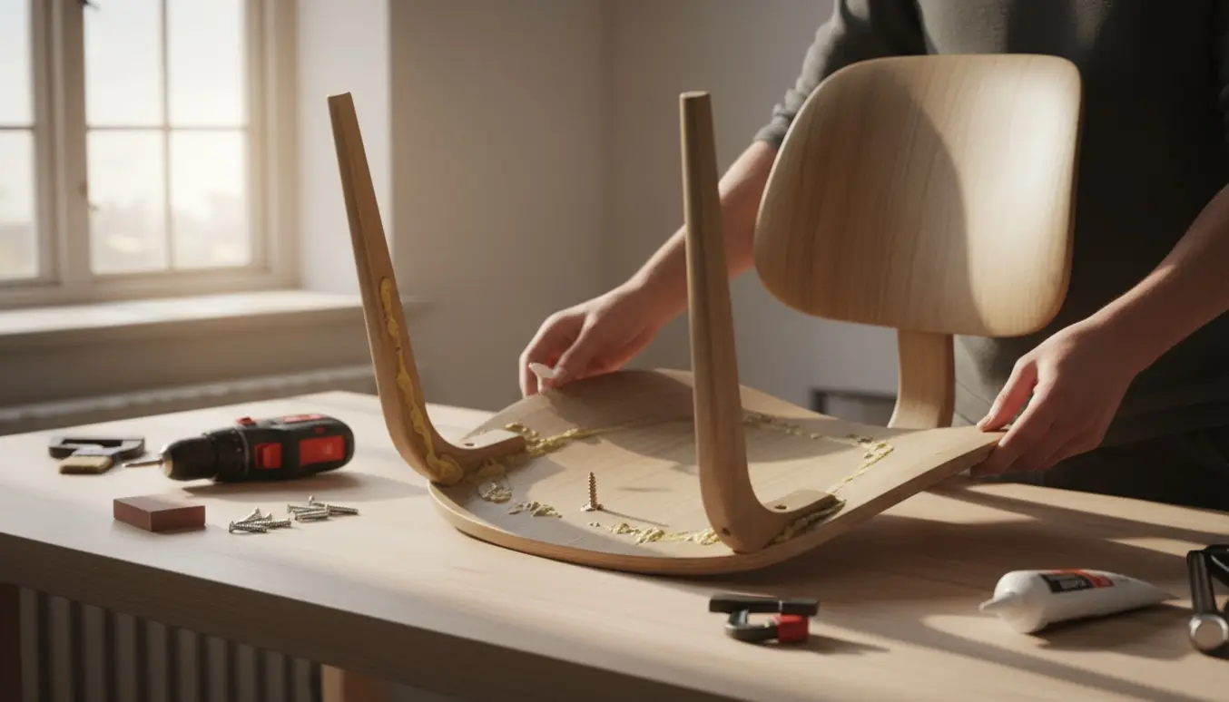 En 7er-stol med afmonteret sæde på et solbelyst arbejdsbord med værktøj til genmontering.