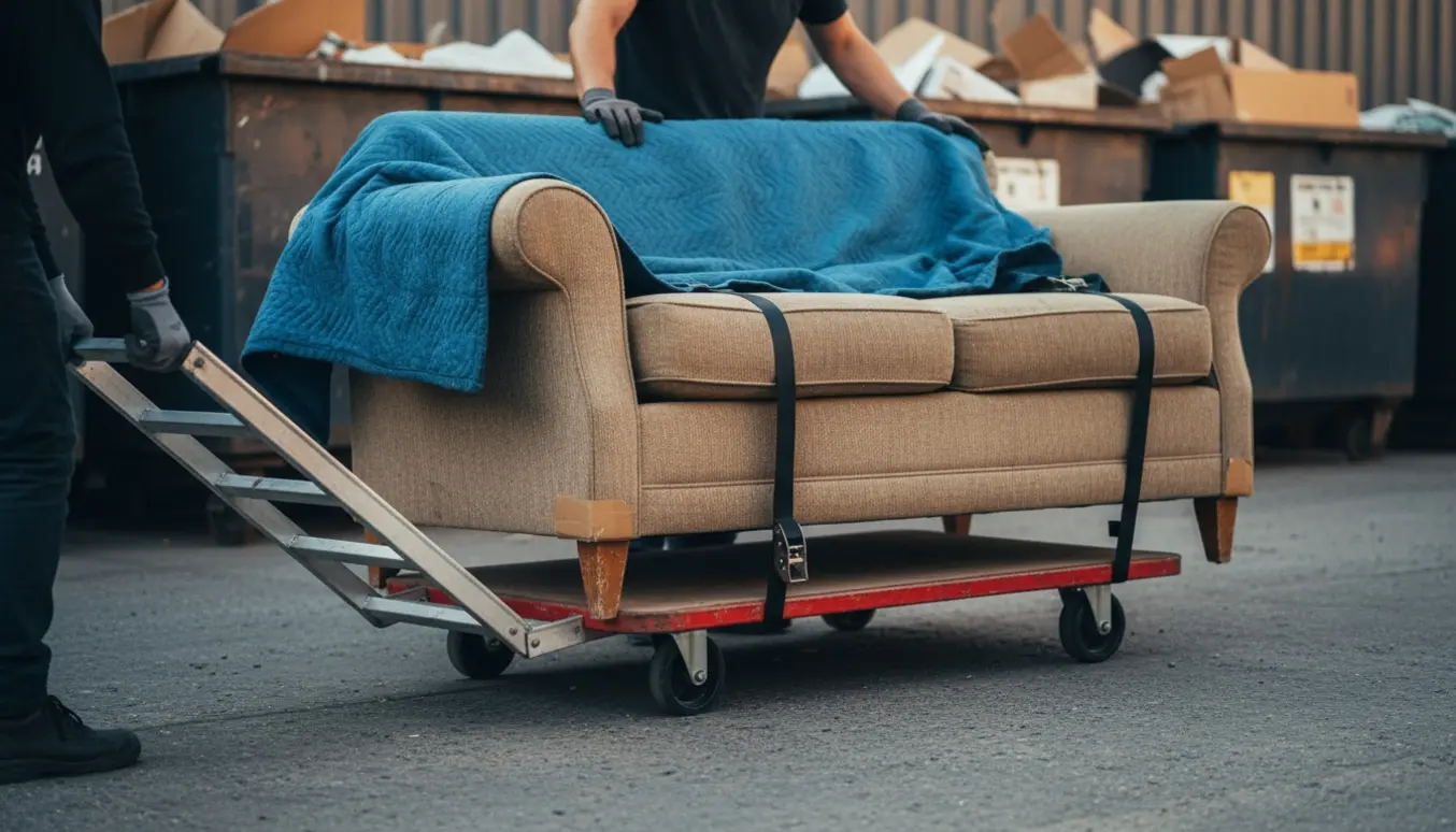 To personer læsser en brugt sofa på en møbelvogn ved en genbrugsstation.
