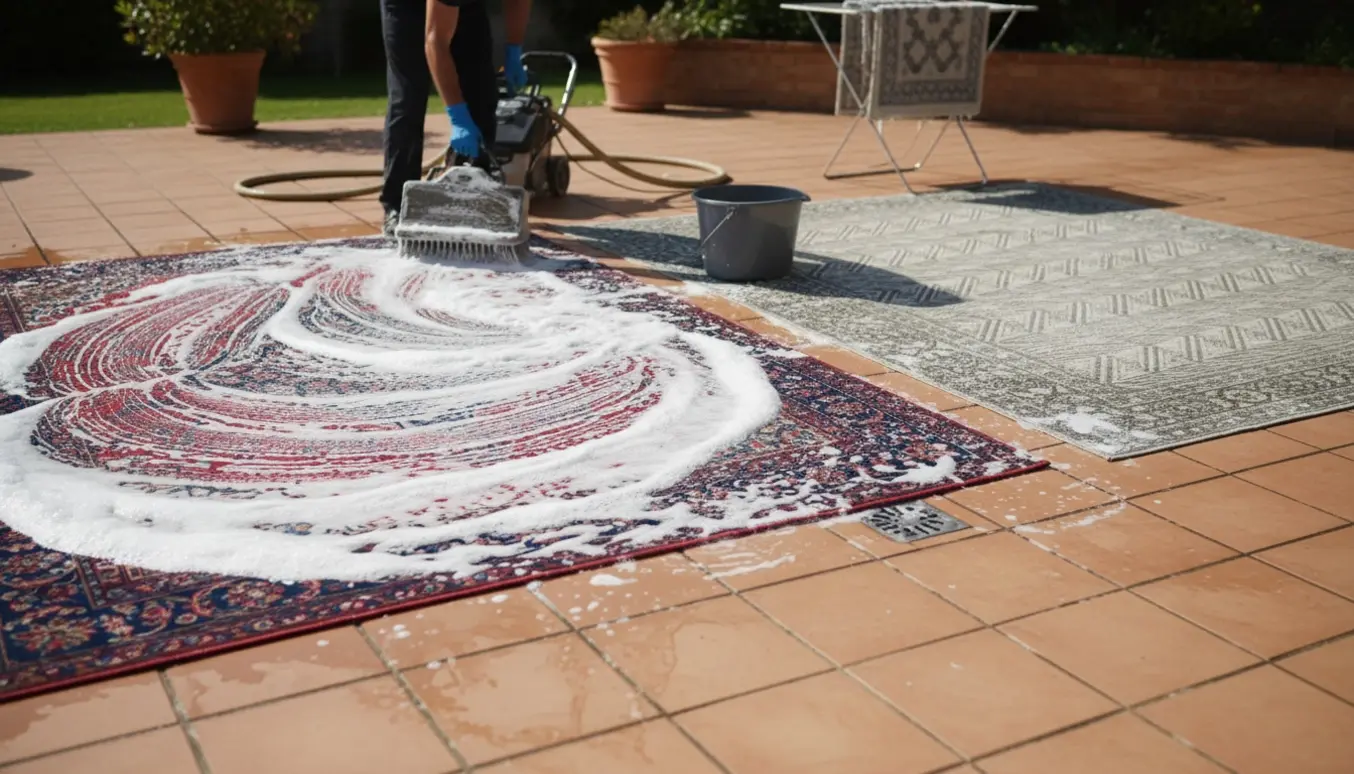 To store tæpper rengøres på en solbeskinnet terrasse med børste, vandskyl og en tæpperenser.