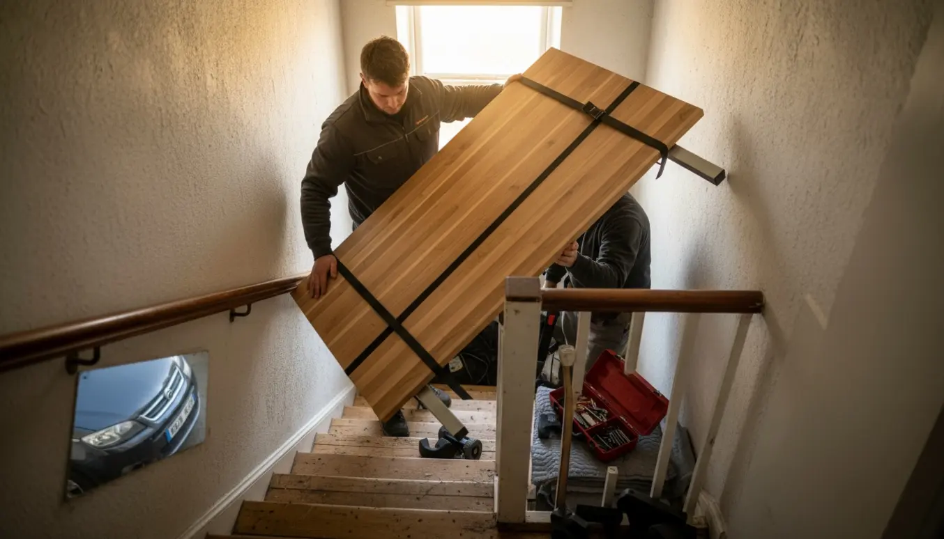 Et hæve-sænkebord bæres forsigtigt ned ad trappen i et rækkehus med værktøj og flyttetæpper på landingen.
