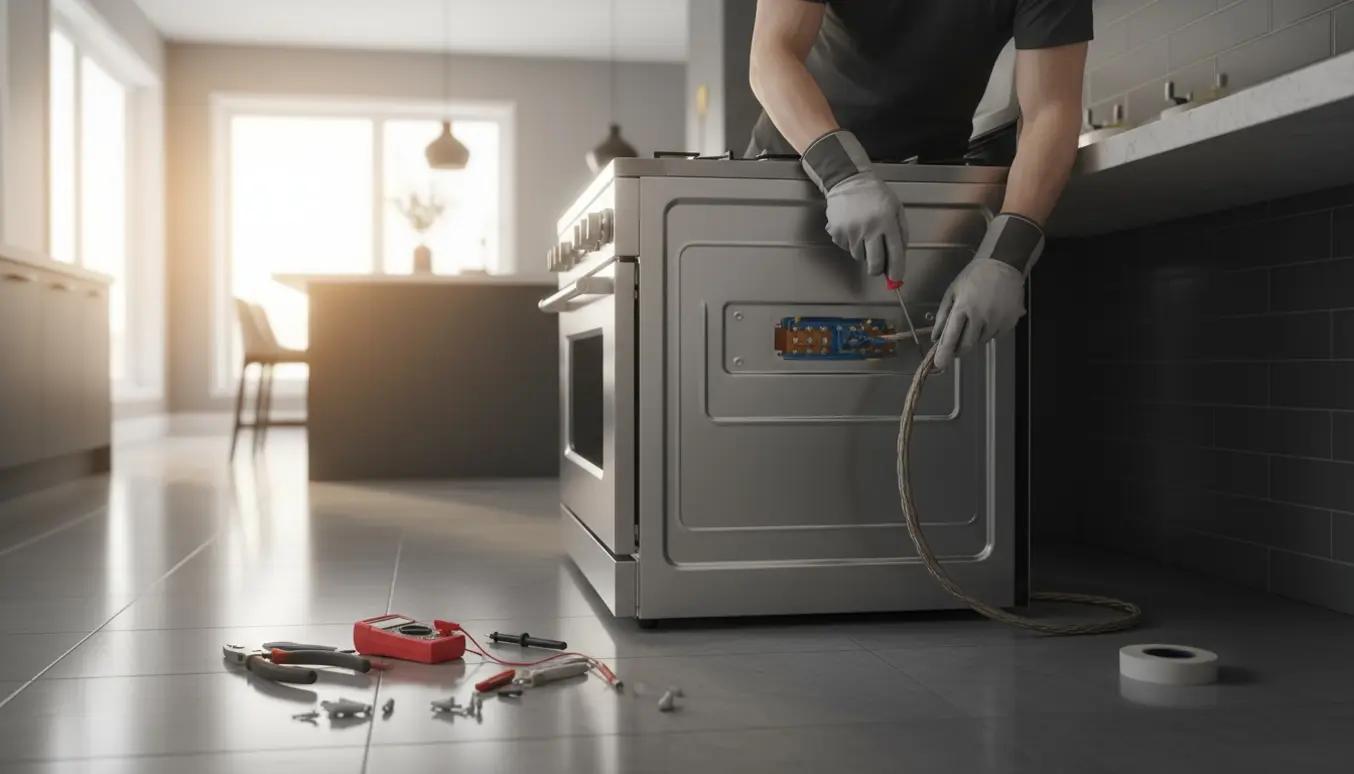 Handsikrede hænder forbinder komfurets kraftkabel til terminalblokken i et lyst, moderne køkken.