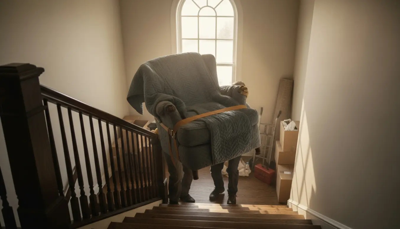 To flyttemænd bærer en indpakket lænestol op ad en trappe i en boligopgang uden synlige ansigter.