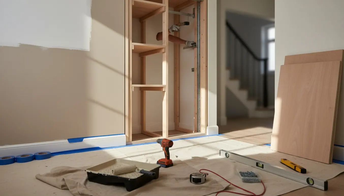 Entre under renovering med halvmalet væg, delvist monteret indbygget skab og værktøj.