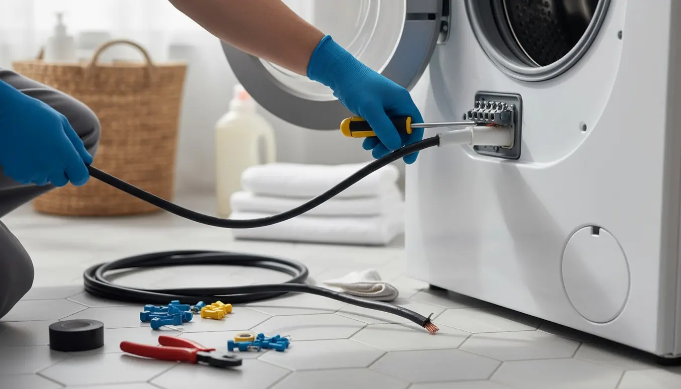 Hænder med handsker installerer en ny strømforsyningsledning til en vaskemaskine i et lyst bryggers.