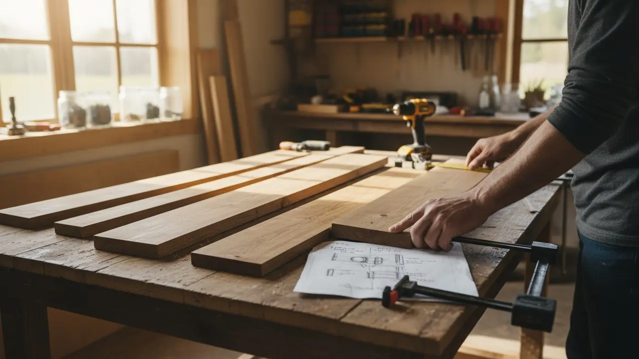 Person i værksted bygger træbord, med værktøj og plantegning på bordet.