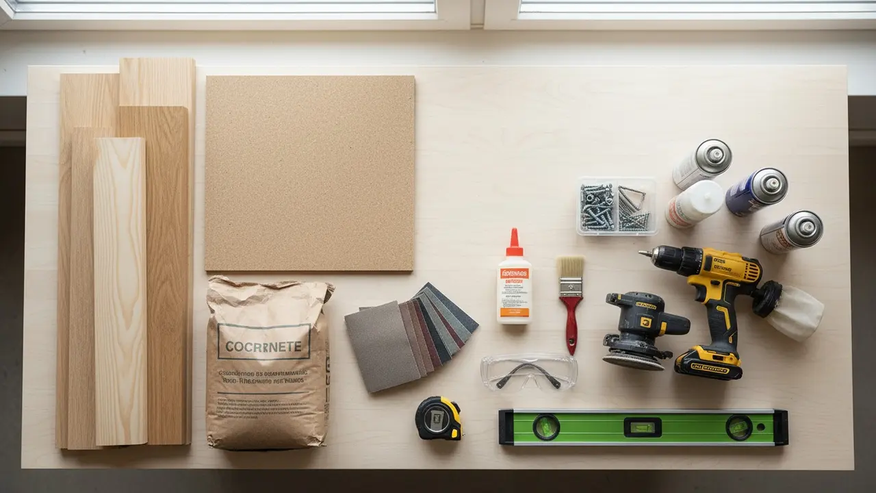 Oversigt over materialer: træplanker, MDF, skruer, slibemaskiner og maling på arbejdsbord.