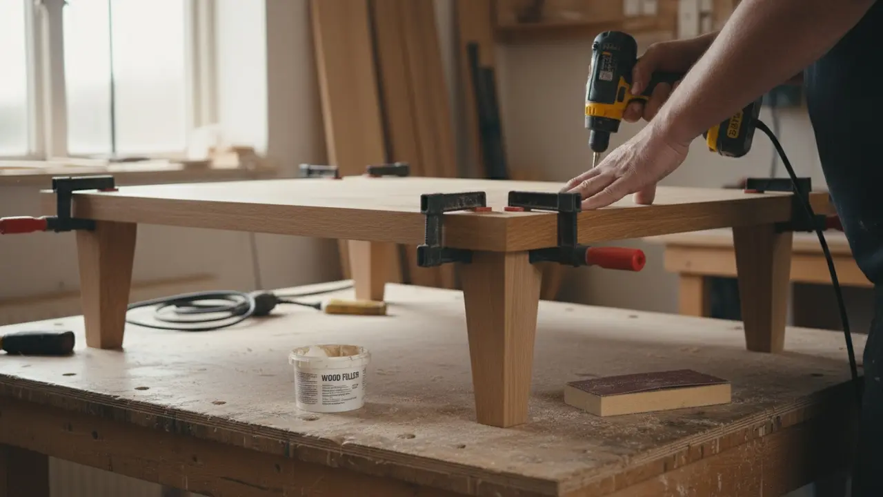 Montage af sofabord: hånd bruger skruemaskine til at fastgøre bordben på trætop.