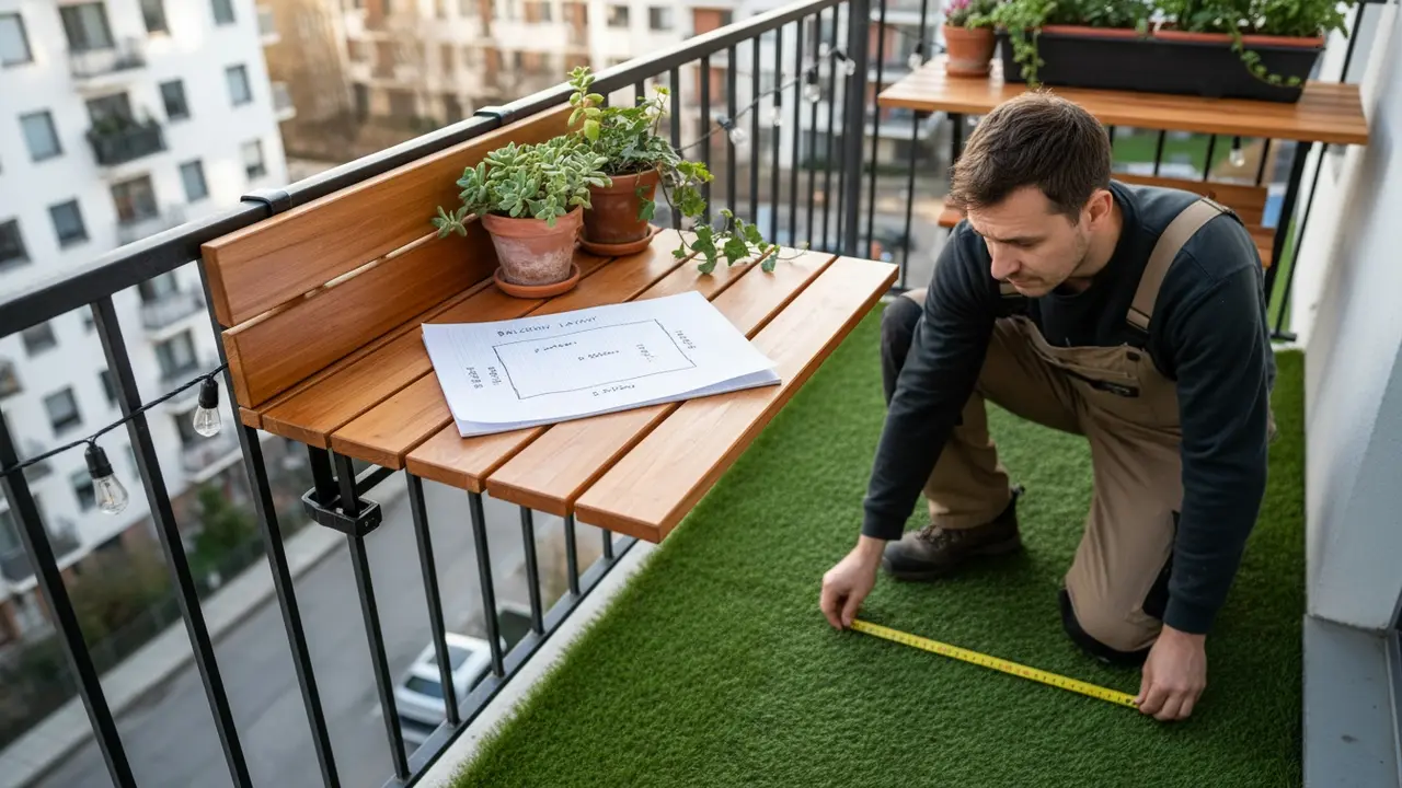 Lille altan med hjemmelavet træbord, person måler pladsen med målebånd.