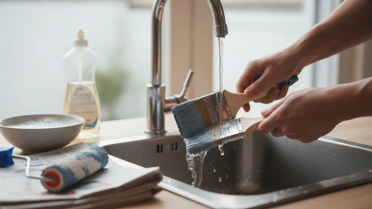 Hånd skyller pensel i varmt vand med rulle og sæbebad på køkkenbordet