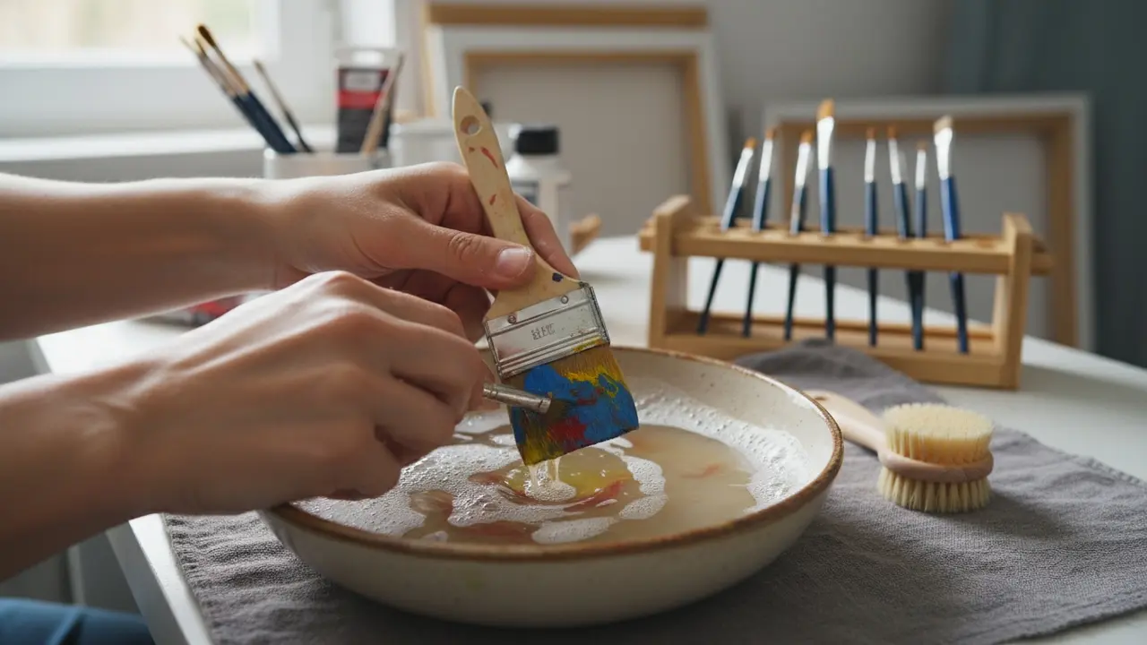 Nærbillede af hænder der arbejder maling ud af penselhår i sæbevand
