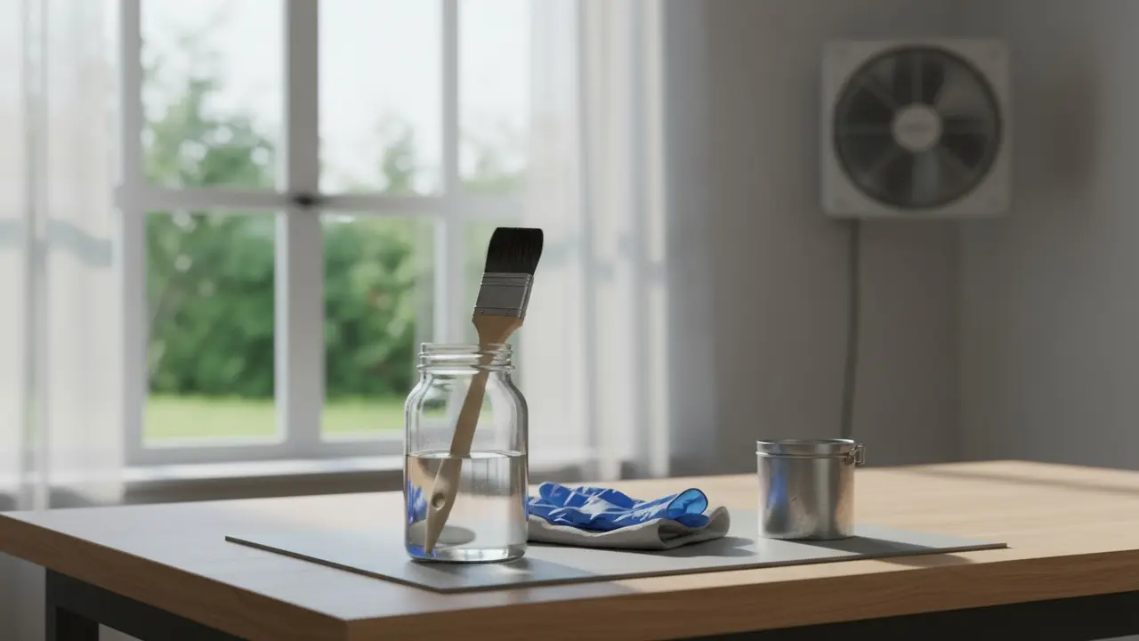 Pensel står i glas med værktøjsrens i godt ventileret rum med handsker ved siden af