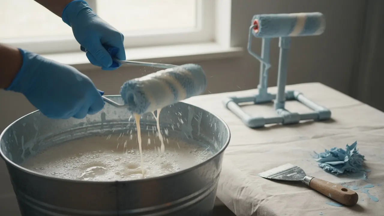 Person vrider malerrulle i sæbevand med skraber og tørrestativ i baggrunden