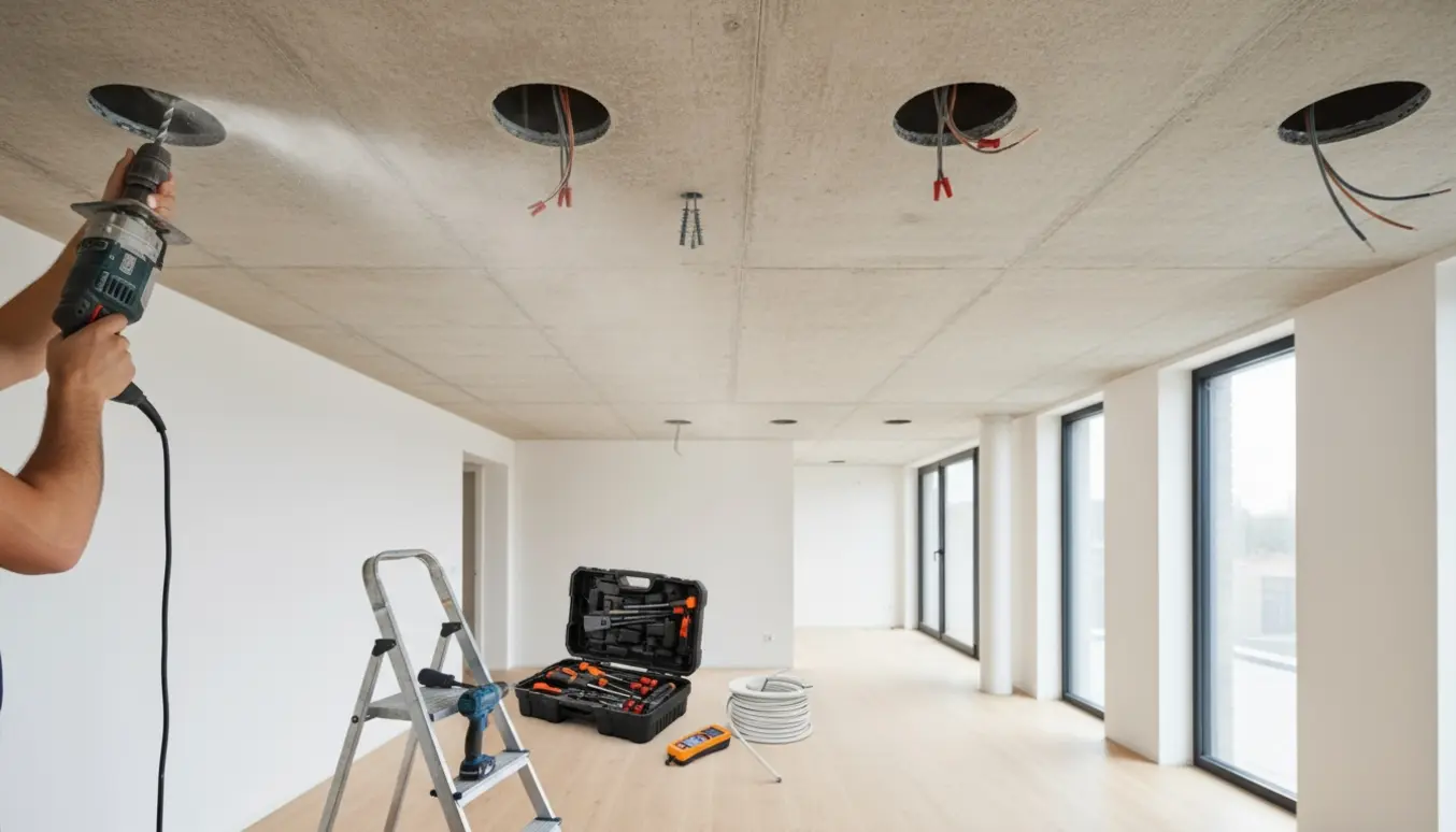 Håndværker monterer seks lamper i et hus med betonloft ved hjælp af boremaskine og stige.