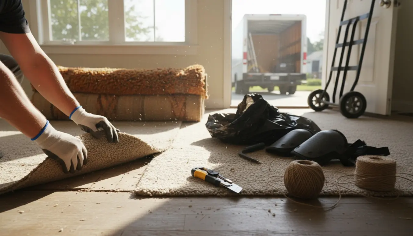 Hænder i arbejdshandsker trækker et gulvtæppe op i et lyst rum, med et sammenrullet rya-tæppe og sække klar til bortkørsel.