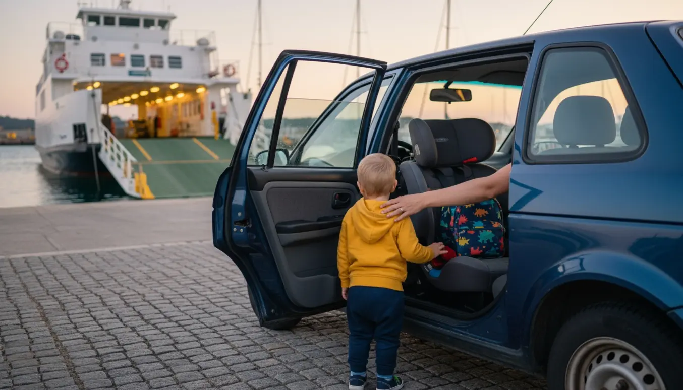 Barn hjælpes ind i en bil ved færgerampen i aftenslys med en autostol og en voksen hånd, ansigter ikke tydelige.