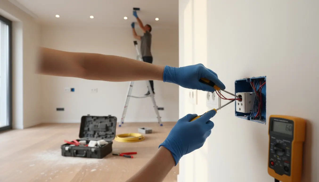 Elektriker monterer og fastgør stikkontakter og indbygningsspot i en bolig, fokus på hænder og værktøj.
