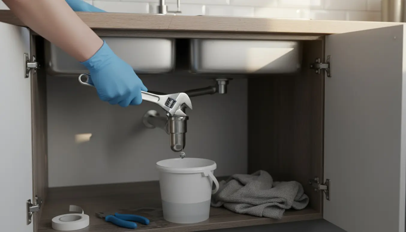 Nærbillede af handskerede hænder, der spænder en skruenøgle om et dryppende afløbsrør under en køkkenvask med en spand til vandet.