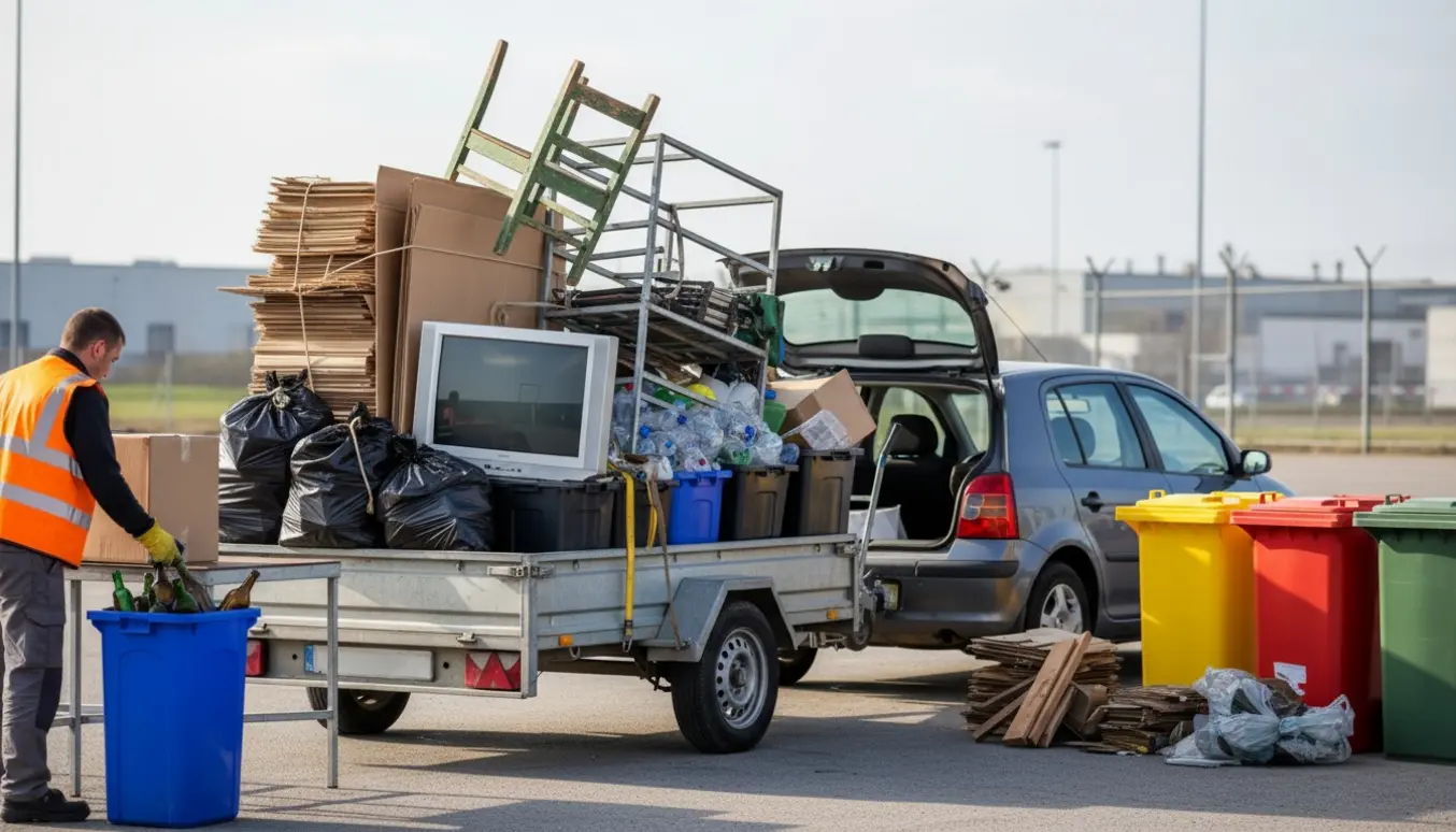 Bil med anhænger fyldt med blandet affald, hvor personer sorterer materialer ved en genbrugsplads.