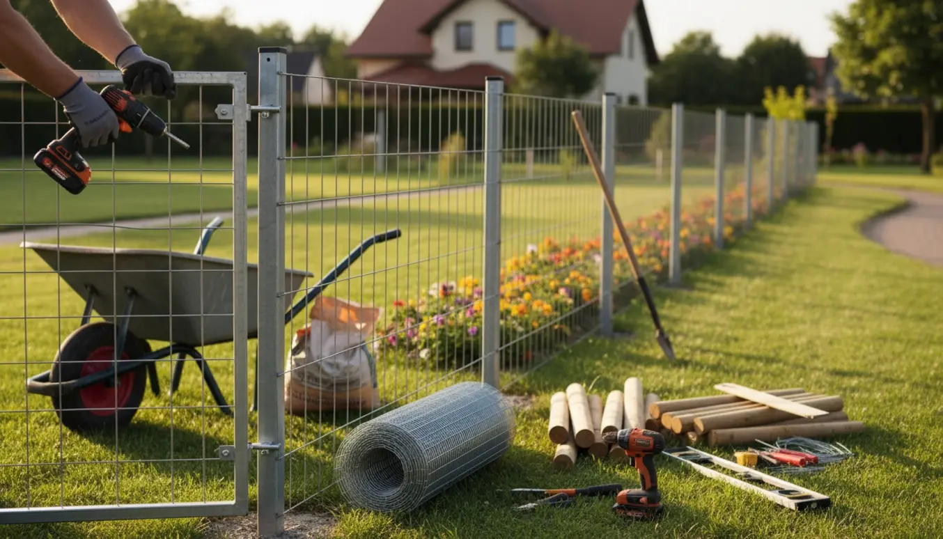 Håndværker monterer trådhegn og havelåge i en have med værktøj og materialer ved siden af.