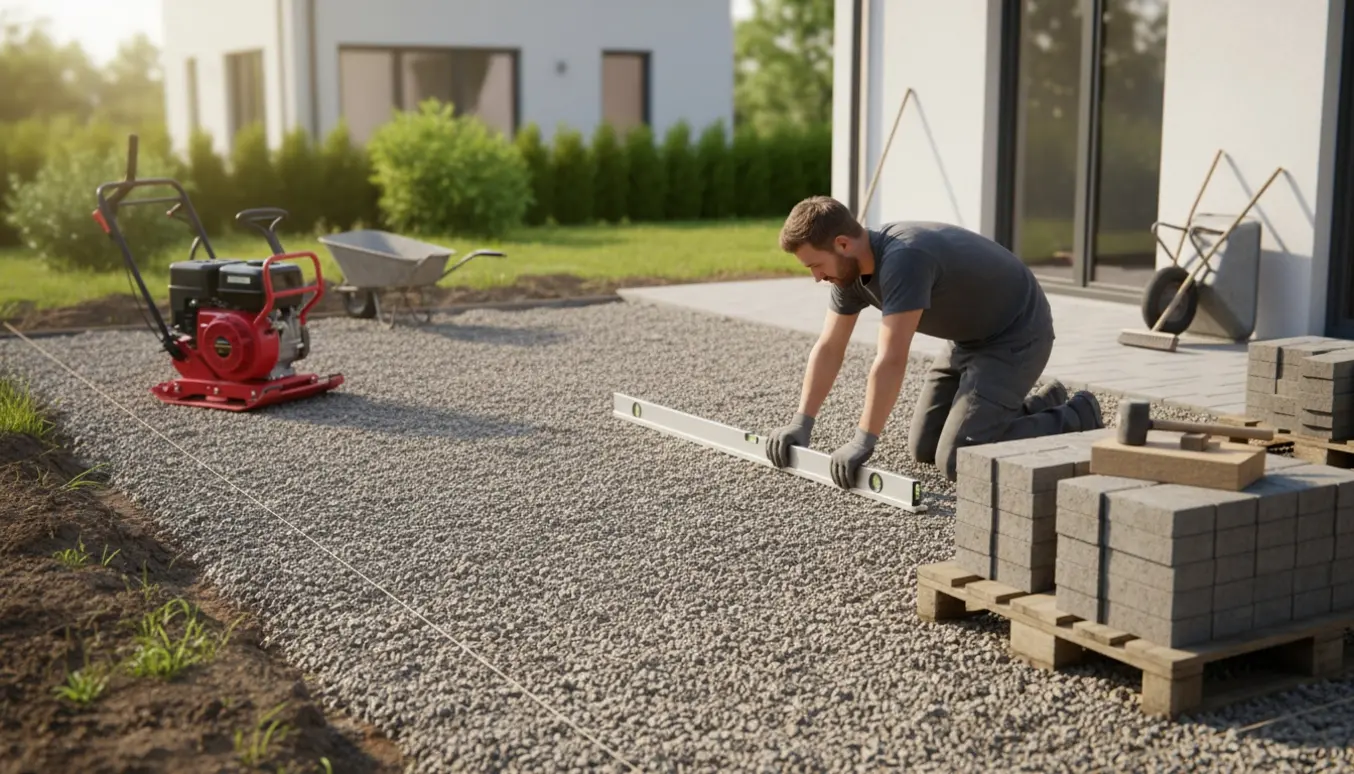 Omlægning af 30 kvm 10x20 cm fliser på udjævnet grus med pladevibrator og udtræksskive.