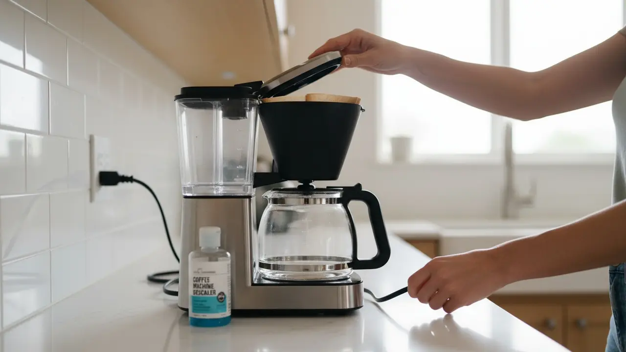 Hænder tjekker strøm og vandbeholder på en moderne kaffemaskine i køkkenet