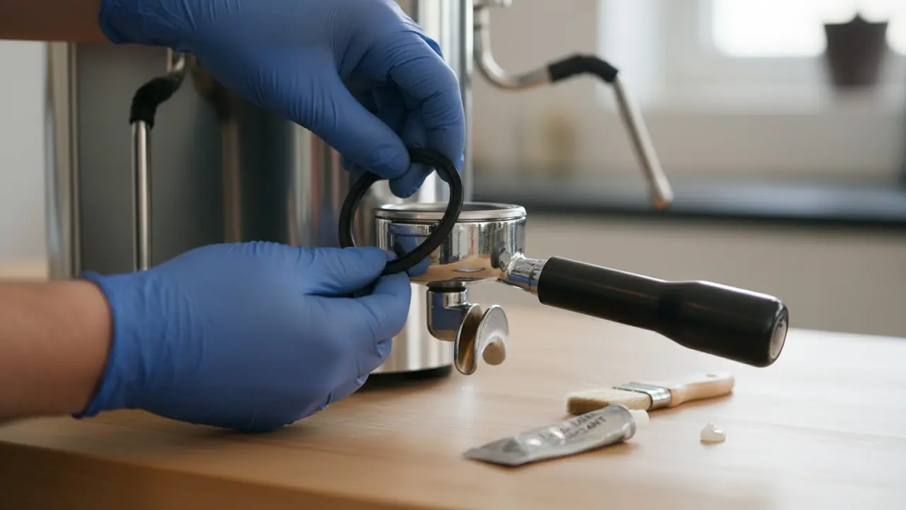 Nærbillede af hænder, der inspicerer og smører pakninger på en espressomaskine